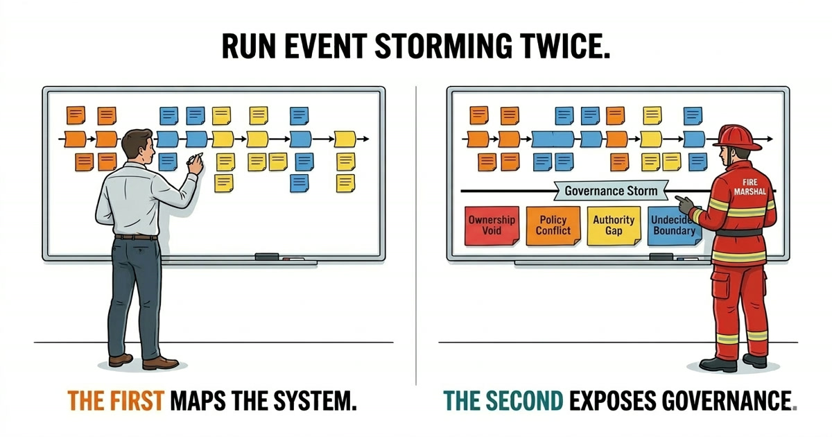 Run Event Storming Twice. The First Maps the System. The Second Exposes Governance.